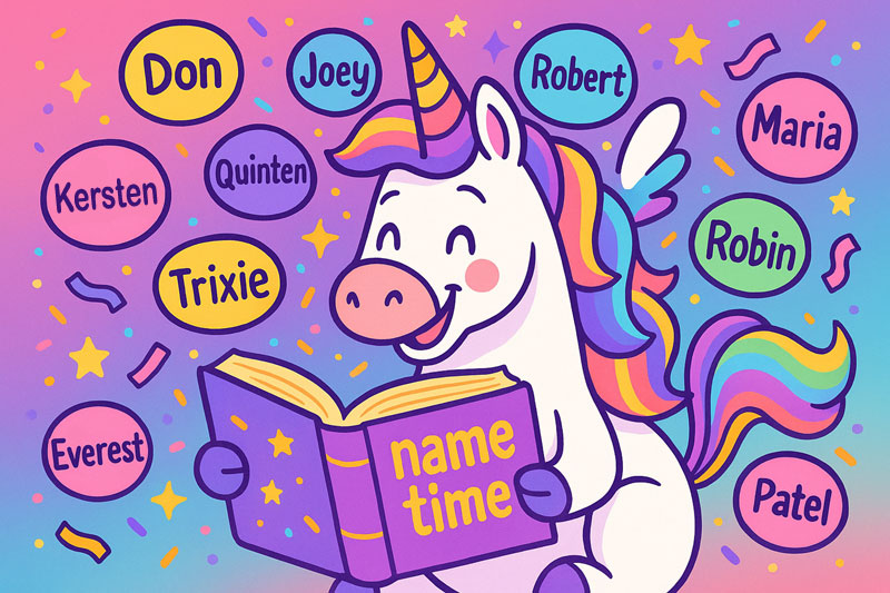 Una the Unicorn with the name rarity book with rare and common names.